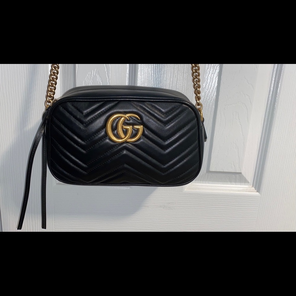 Gucci Black Chevron Marmont Shoulder Bag with Gold Hardware